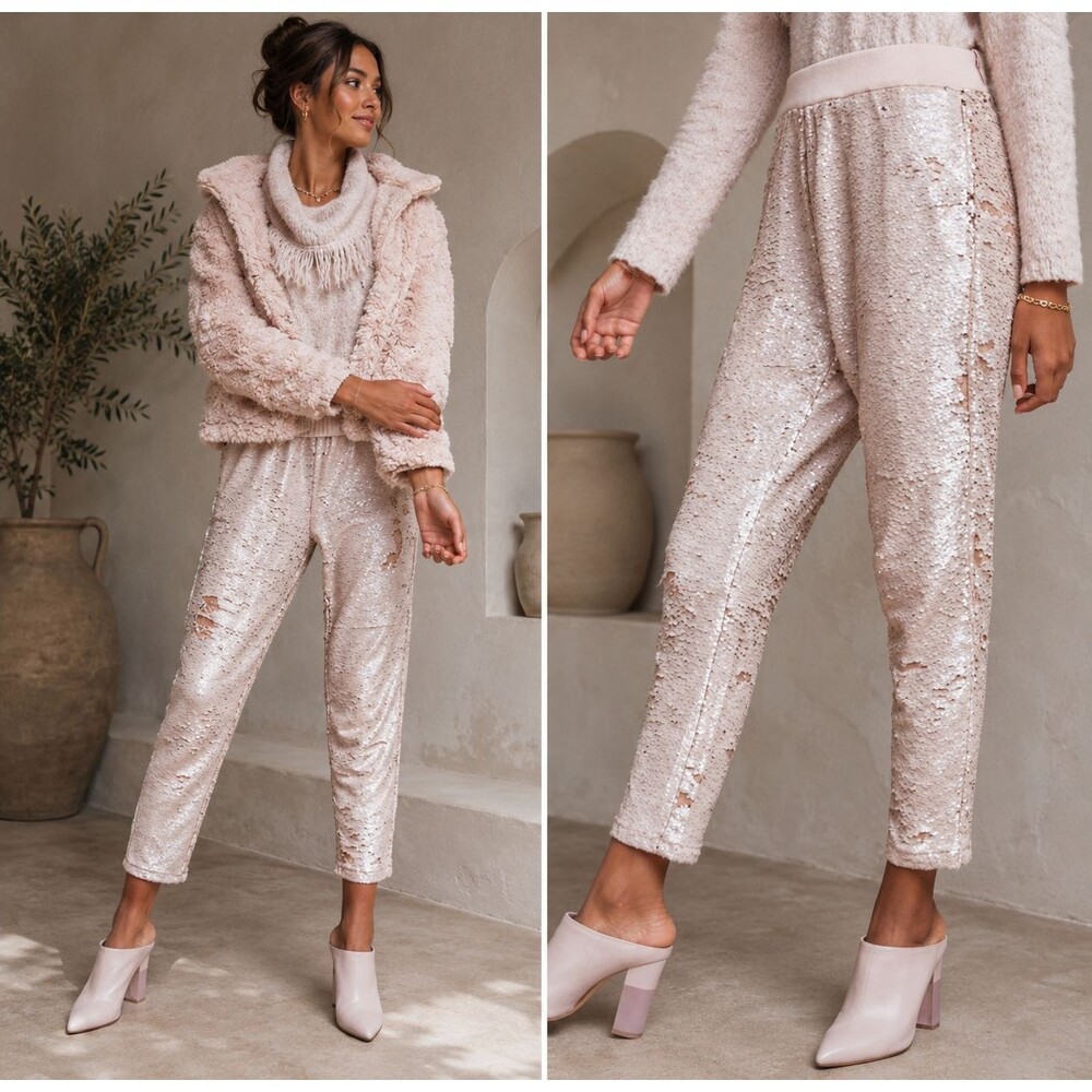 ANTHROPOLOGIE HEI HEI Women's Joggers Pants MEDIUM Sequin Reversible Elastic